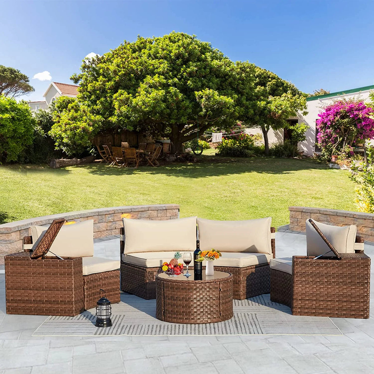7 Piece Outdoor Patio Sectional Sofa Set with Storage Armrest R6798