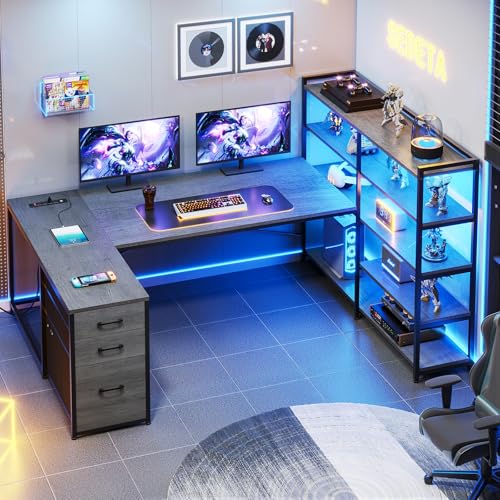 L Shaped Desk with Storage Shelves and 3 Fabric Drawers W840124