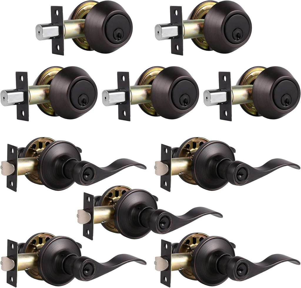 Satin Nickel Entry Lever and Single Cylinder Deadbolt Combo Pack, Keyed Alike Handleset V243744