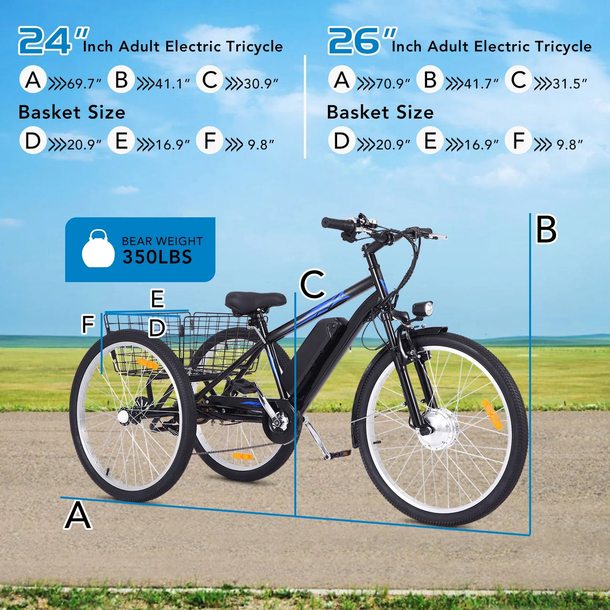 Electric Tricycle 7 Speeds 3 Wheels with Large Basket Orange F378