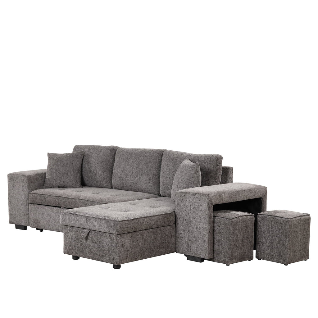 104" Reversible Sectional Couch with Pull Out Bed, L Shape Sleeper Sofa with Storage Chaise and 2 Stools H802746