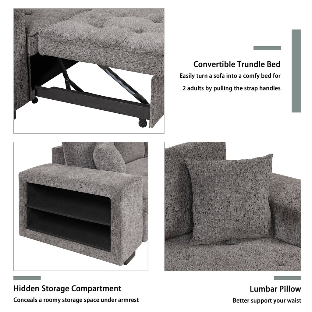 104" Reversible Sectional Couch with Pull Out Bed, L Shape Sleeper Sofa with Storage Chaise and 2 Stools H802746