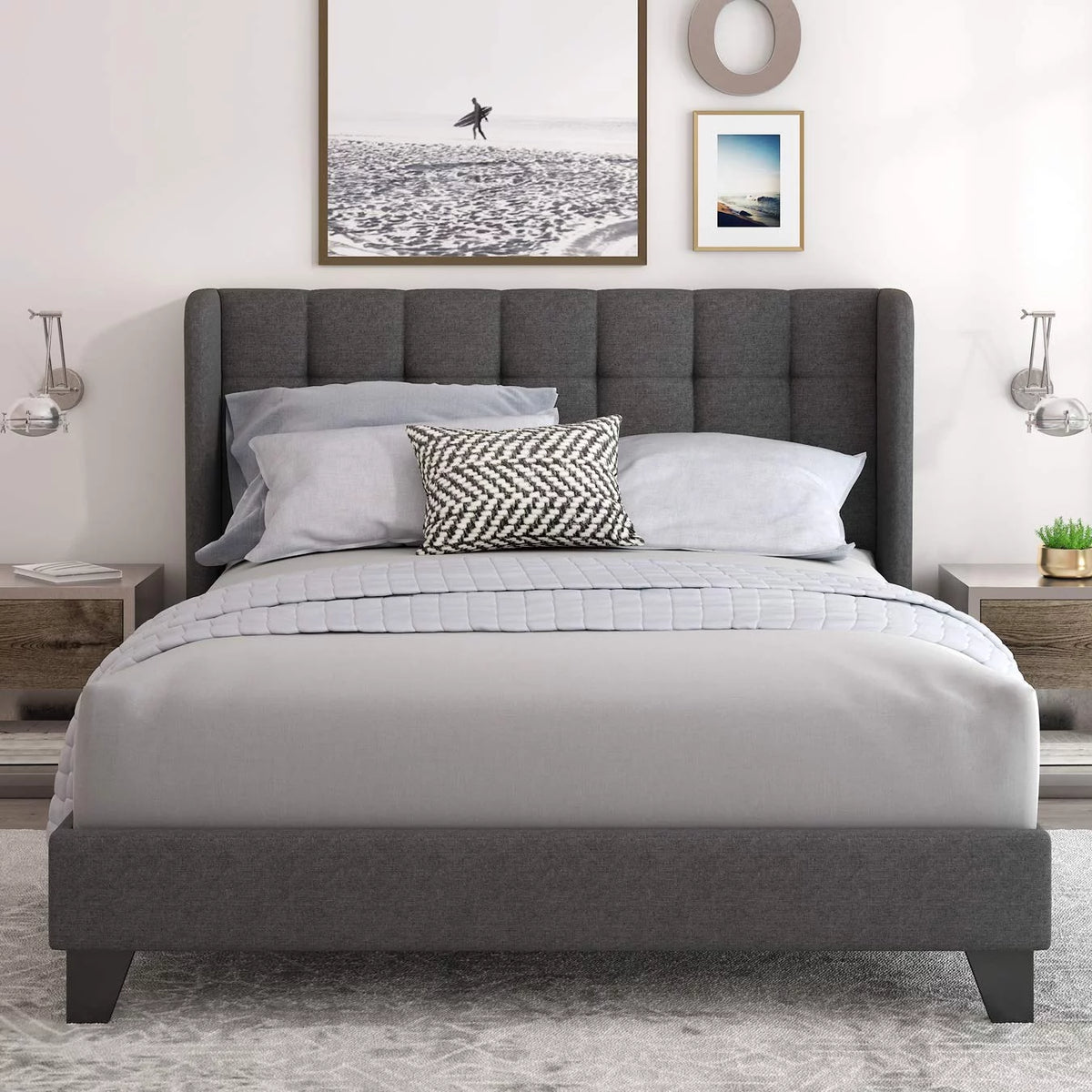 Queen Platform Bed Frame with Upholstered Wingback Linen Fabric Headboard I87493