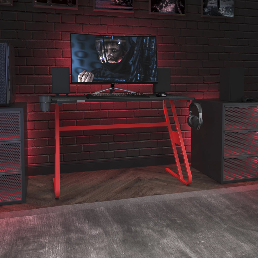 Red Ergonomic Gaming Desk with Cup Holder J377