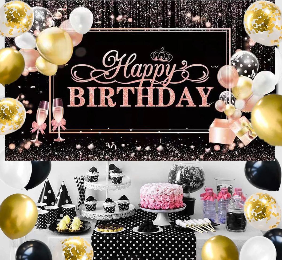 Rose Gold Glitters Birthday Banner Backdrop 45" x 70" U84028