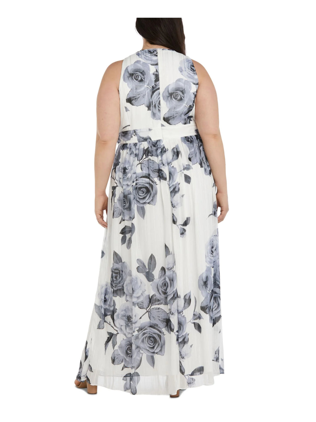 White Metallic Rhinestone Zippered Floral Sleeveless Keyhole Full-Length Formal Gown Dress Plus 22W L563444
