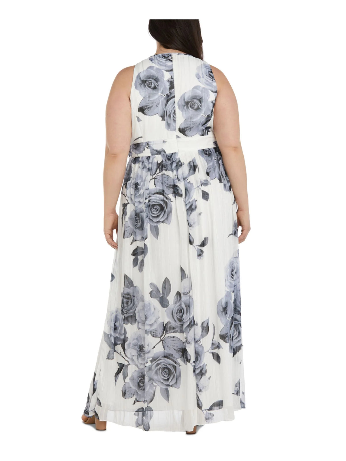 White Metallic Rhinestone Zippered Floral Sleeveless Keyhole Full-Length Formal Gown Dress Plus 22W L563444