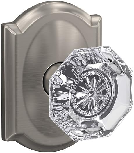 Non-Turning Glass Knob with Camelot Trim, Satin Nickel V13109