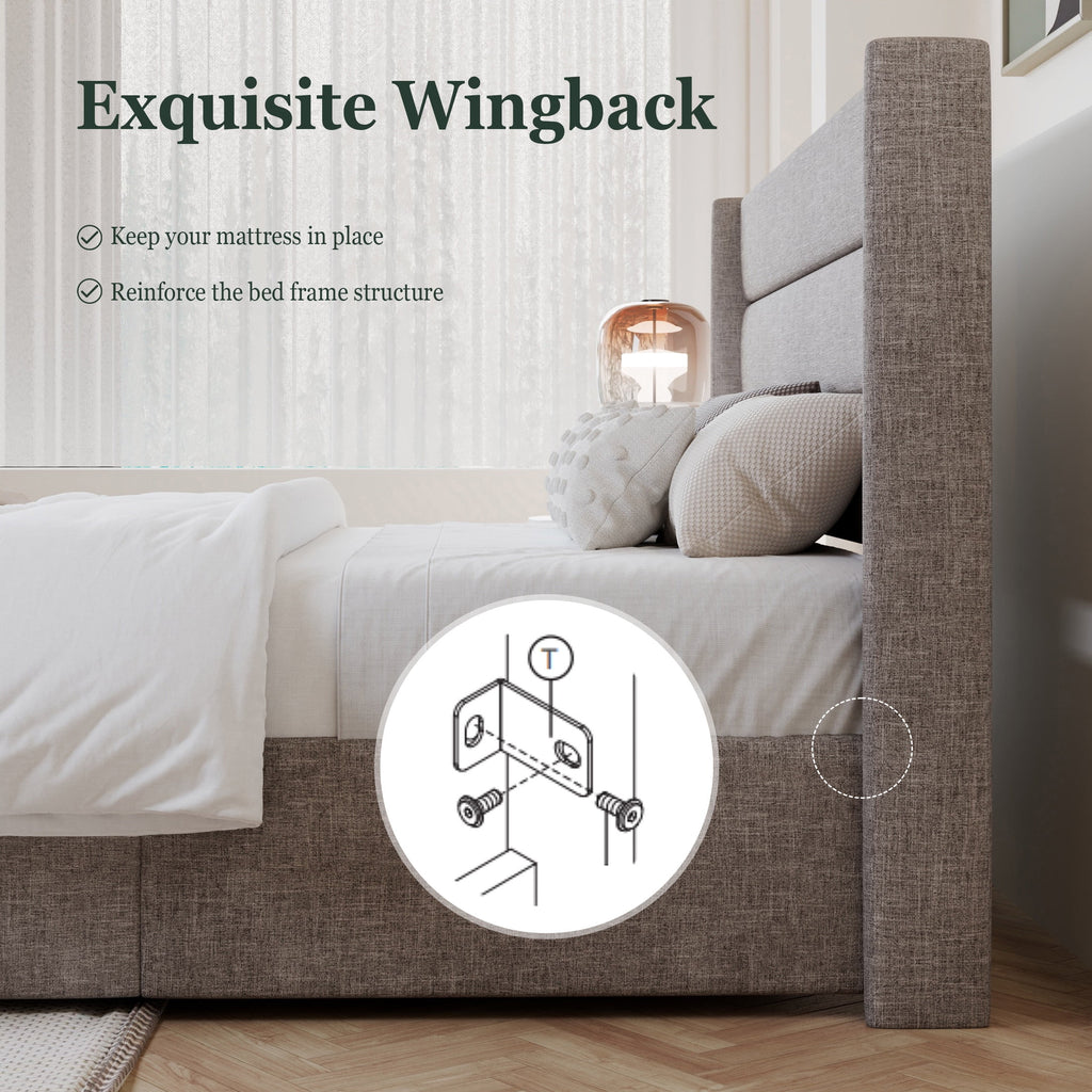 King Size Upholstered Lift up Storage Platform Bed Frame with Wingback Headboard, Beige N7860