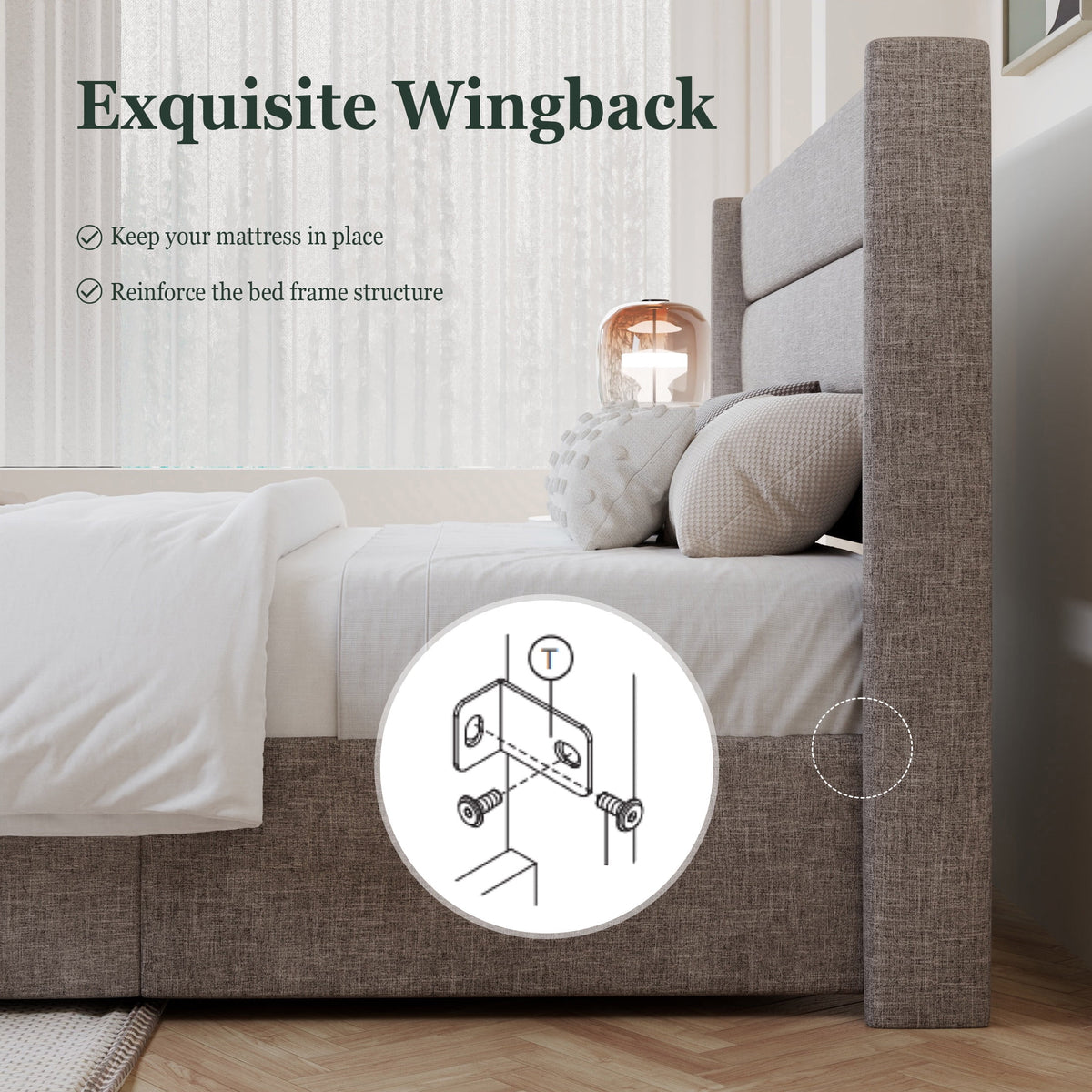 King Size Upholstered Lift up Storage Platform Bed Frame with Wingback Headboard, Beige N7860