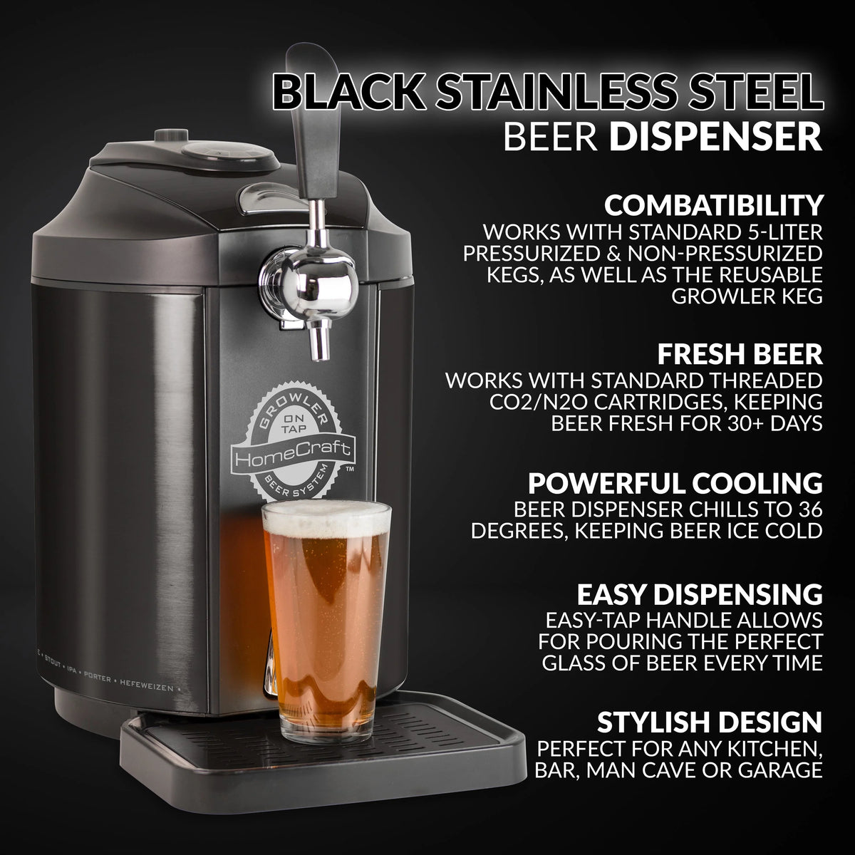 Black Stainless Steel Beer Growler Cooling System J720958