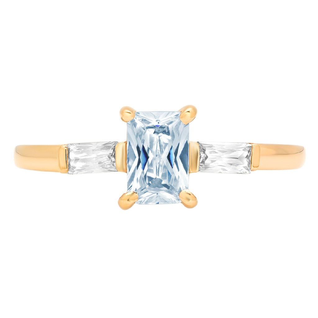 Emerald Cut Blue Topaz 18k Yellow Gold Three-Stone Ring Size 3.5 I2123