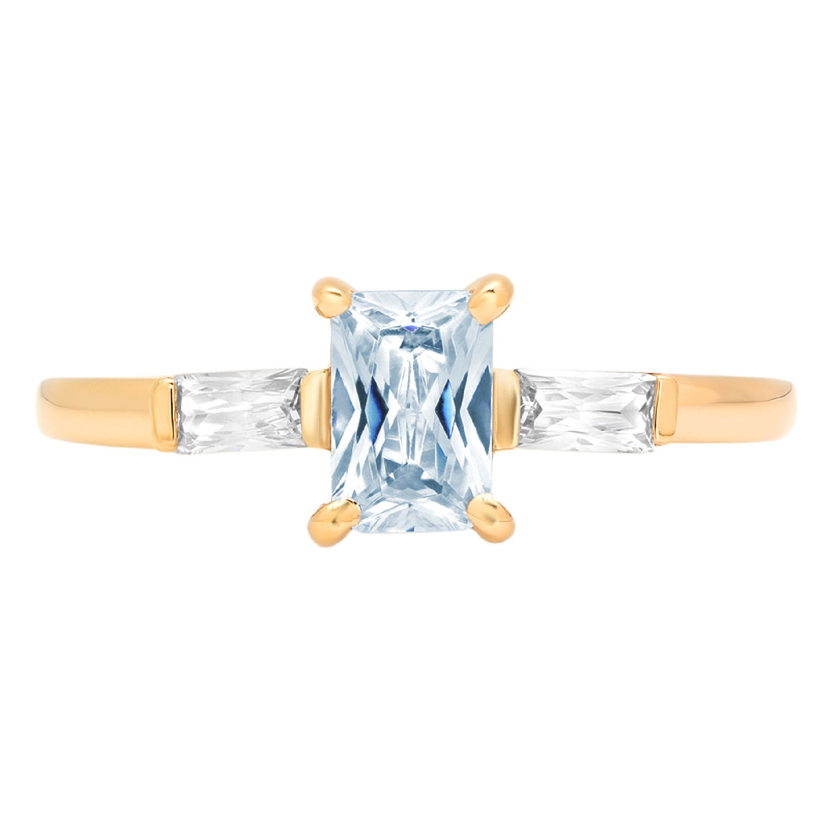 Emerald Cut Blue Topaz 18k Yellow Gold Three-Stone Ring Size 3.5 I2123