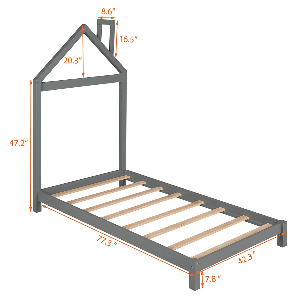 Twin Size Wood Platform Bed with House-shaped Headboard B732103