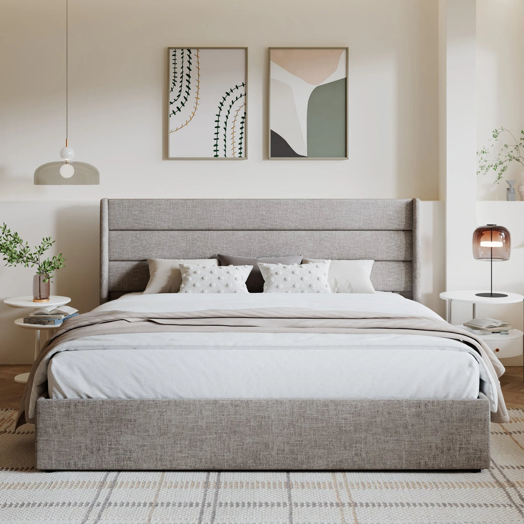 King Size Upholstered Lift up Storage Platform Bed Frame with Wingback Headboard, Beige N7860