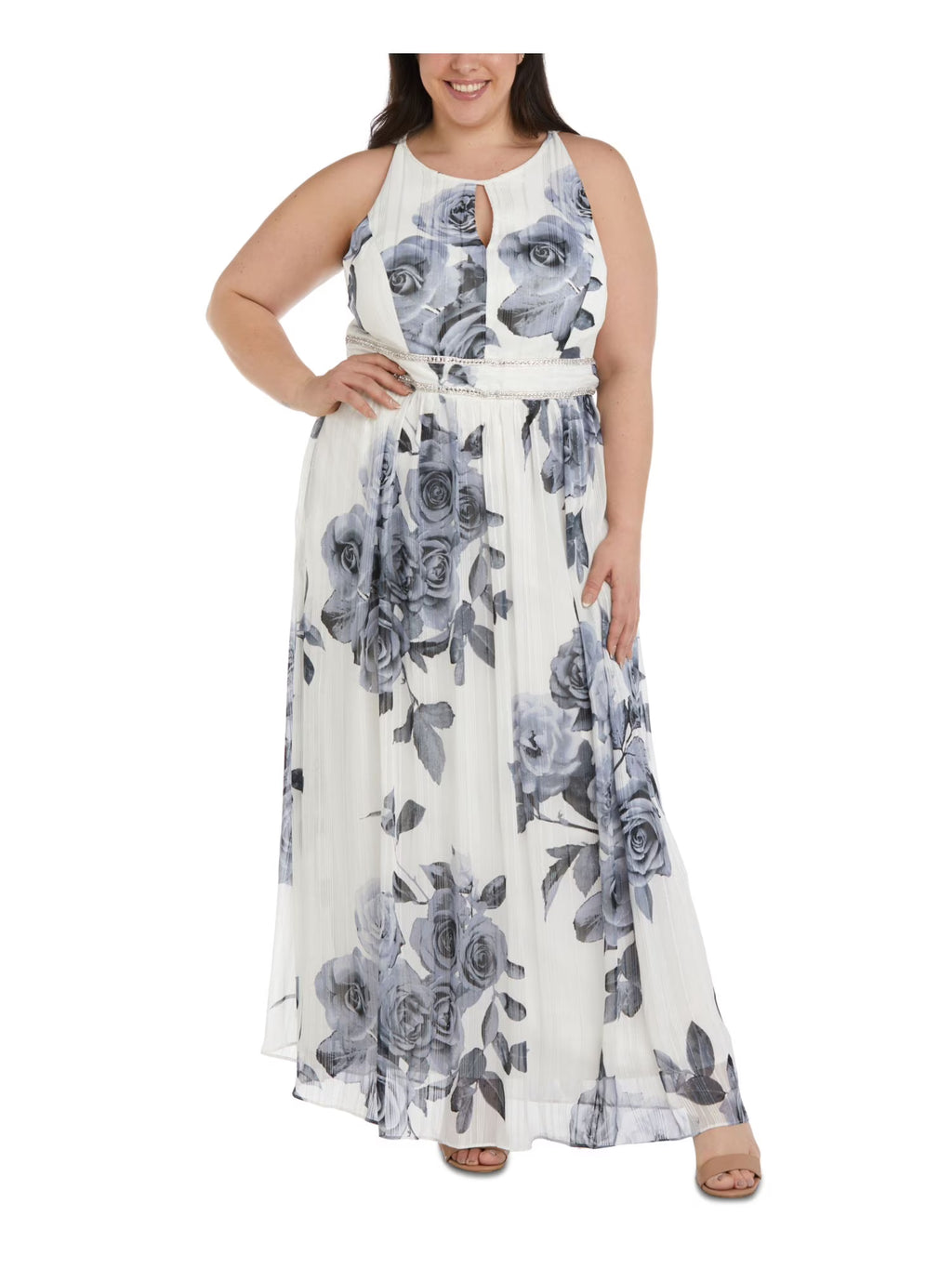 White Metallic Rhinestone Zippered Floral Sleeveless Keyhole Full-Length Formal Gown Dress Plus 22W L563444