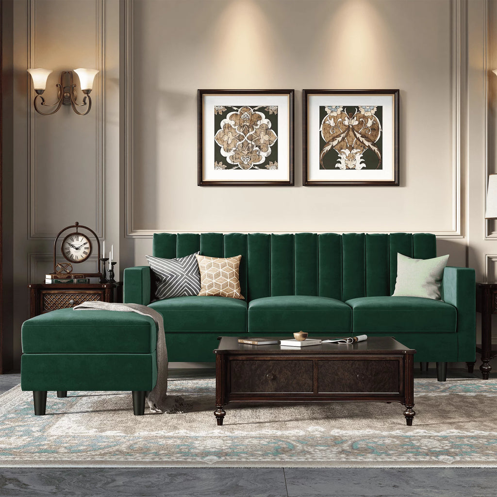 Green Velvet Sectional Sofa with Chaise O43289