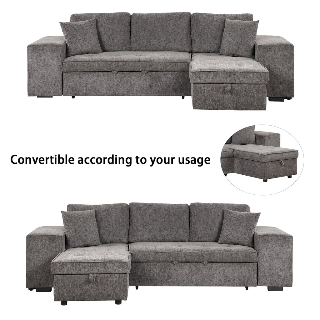104" Reversible Sectional Couch with Pull Out Bed, L Shape Sleeper Sofa with Storage Chaise and 2 Stools H802746