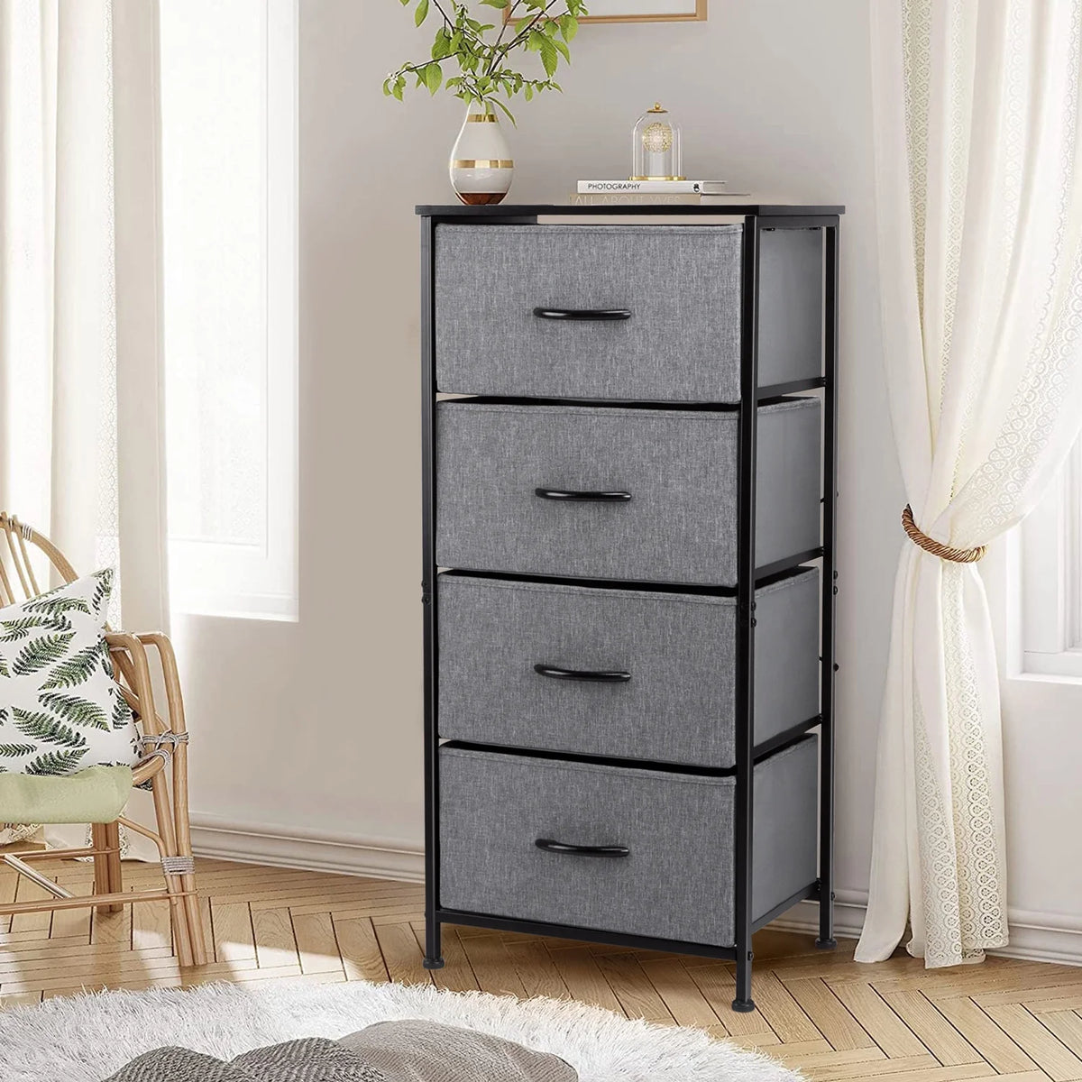 4 Drawer Fabric Dresser with Wood Top D772018