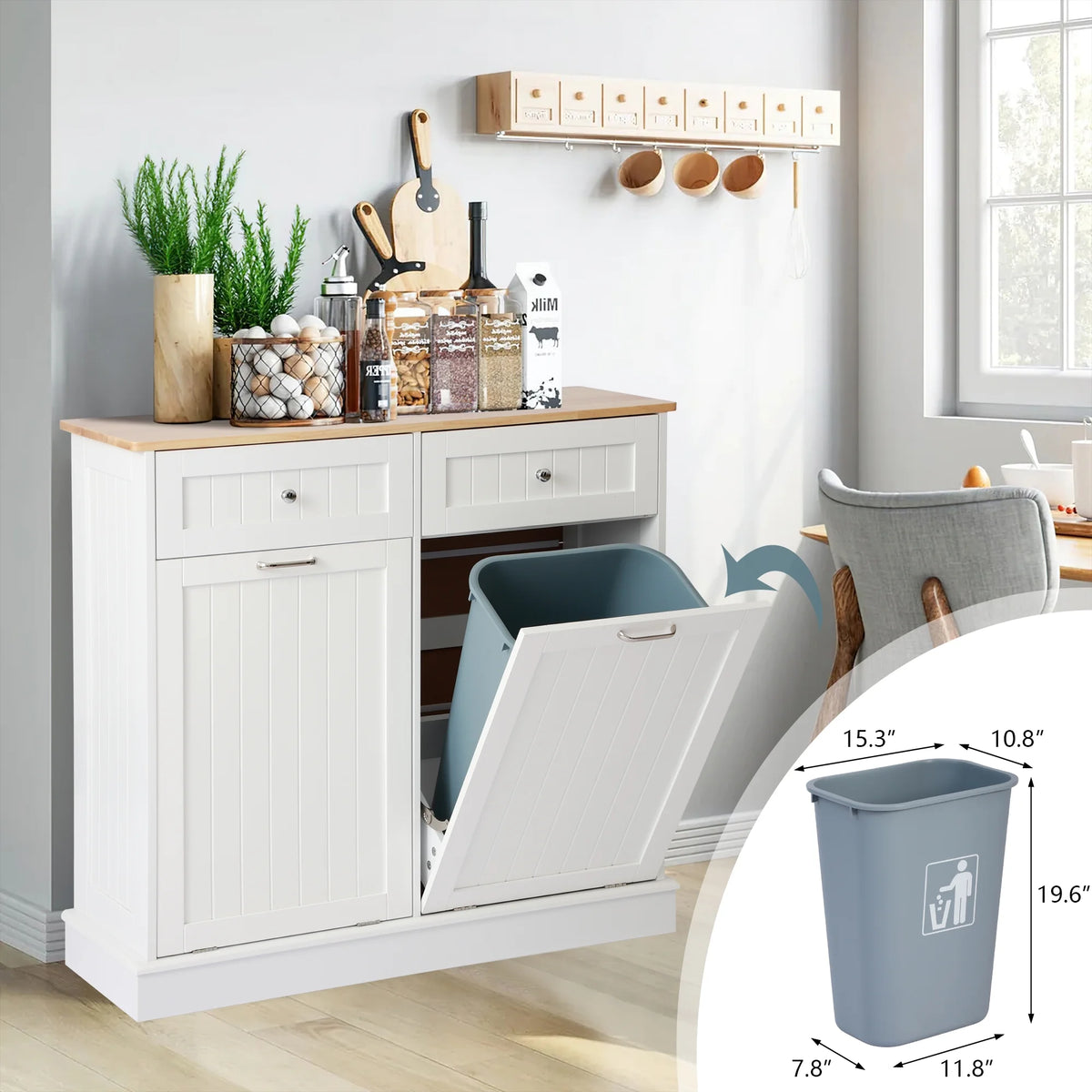 White Double Tilt Out Trash Cabinet with Drawer P633428