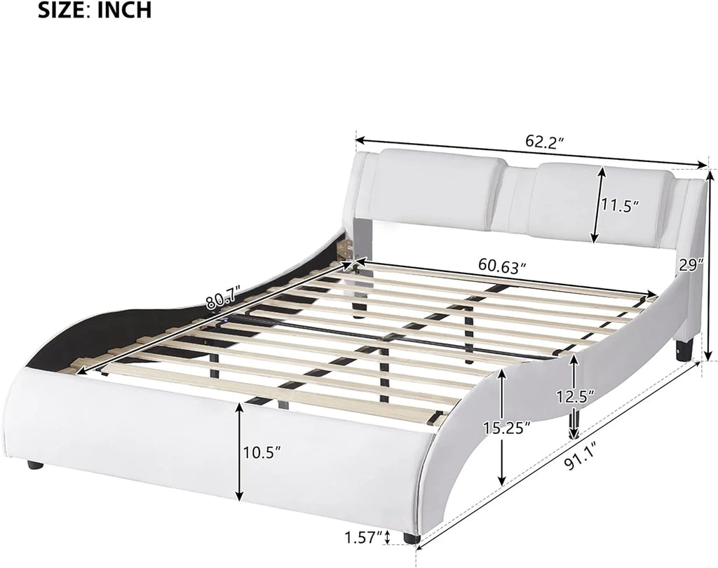 White Upholstered Faux Leather Platform Bed with LED Lights M8846