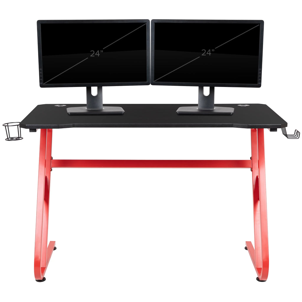 Red Ergonomic Gaming Desk with Cup Holder J377