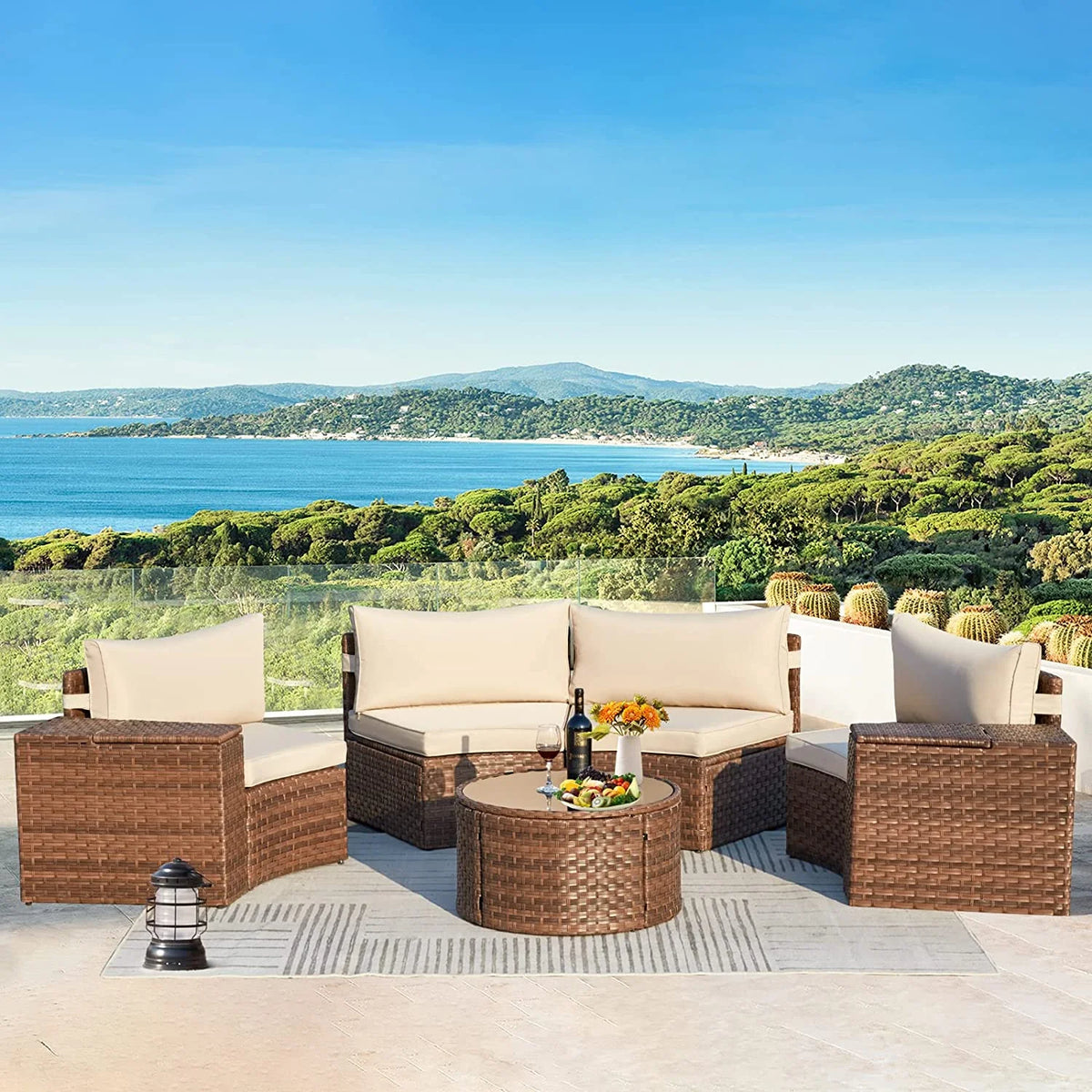 7 Piece Outdoor Patio Sectional Sofa Set with Storage Armrest R6798