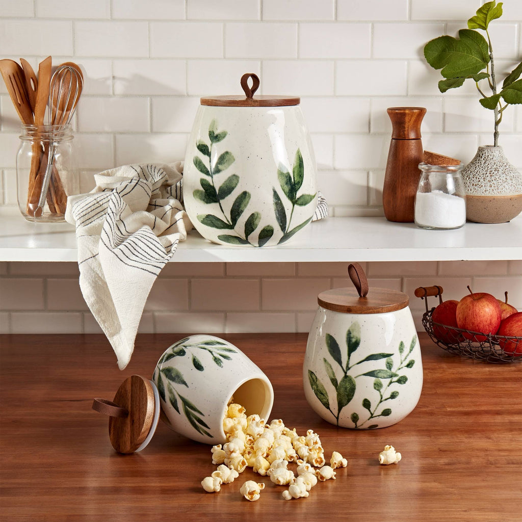 3PC Green Leaf Canisters with Acacia Wood Lid Y444994