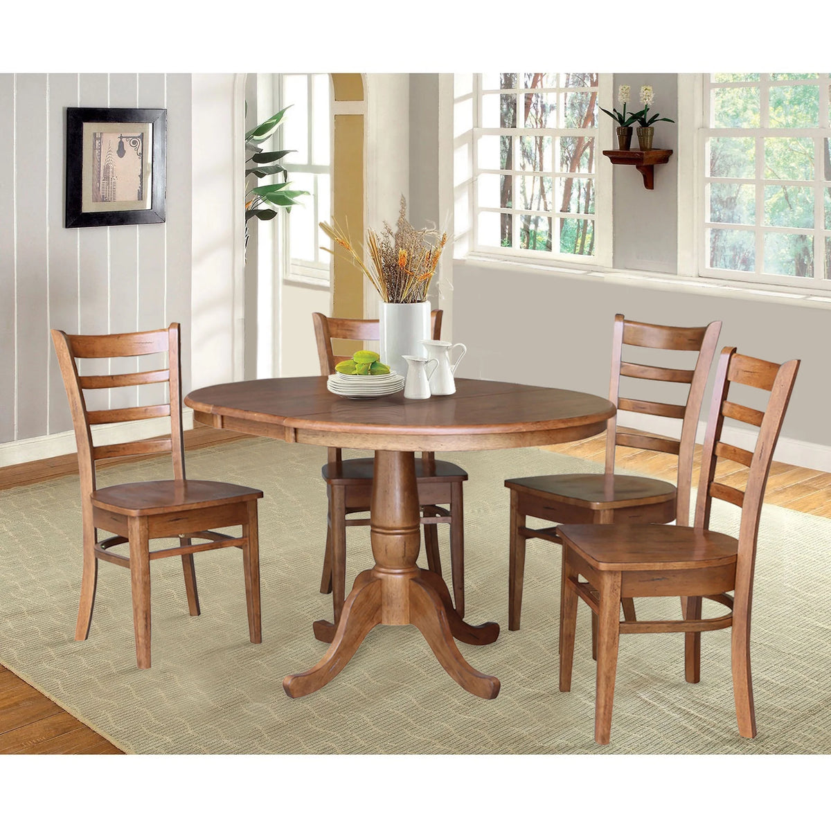 Solid Wood 5-Piece Dining Set with 36 in. Round Extension Dining Table and 4 Ladder Back Chairs in Distressed Oak S619