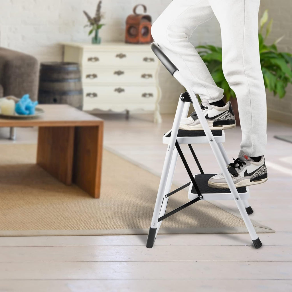 2 Step Folding Ladder with Arc-Shaped Handrail Metal Anti-Slip Base Wide Pedal Lightweight Ladder Pack of 2 U869