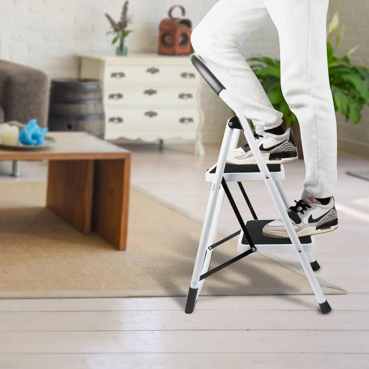 2 Step Folding Ladder with Arc-Shaped Handrail Metal Anti-Slip Base Wide Pedal Lightweight Ladder Pack of 2 U869