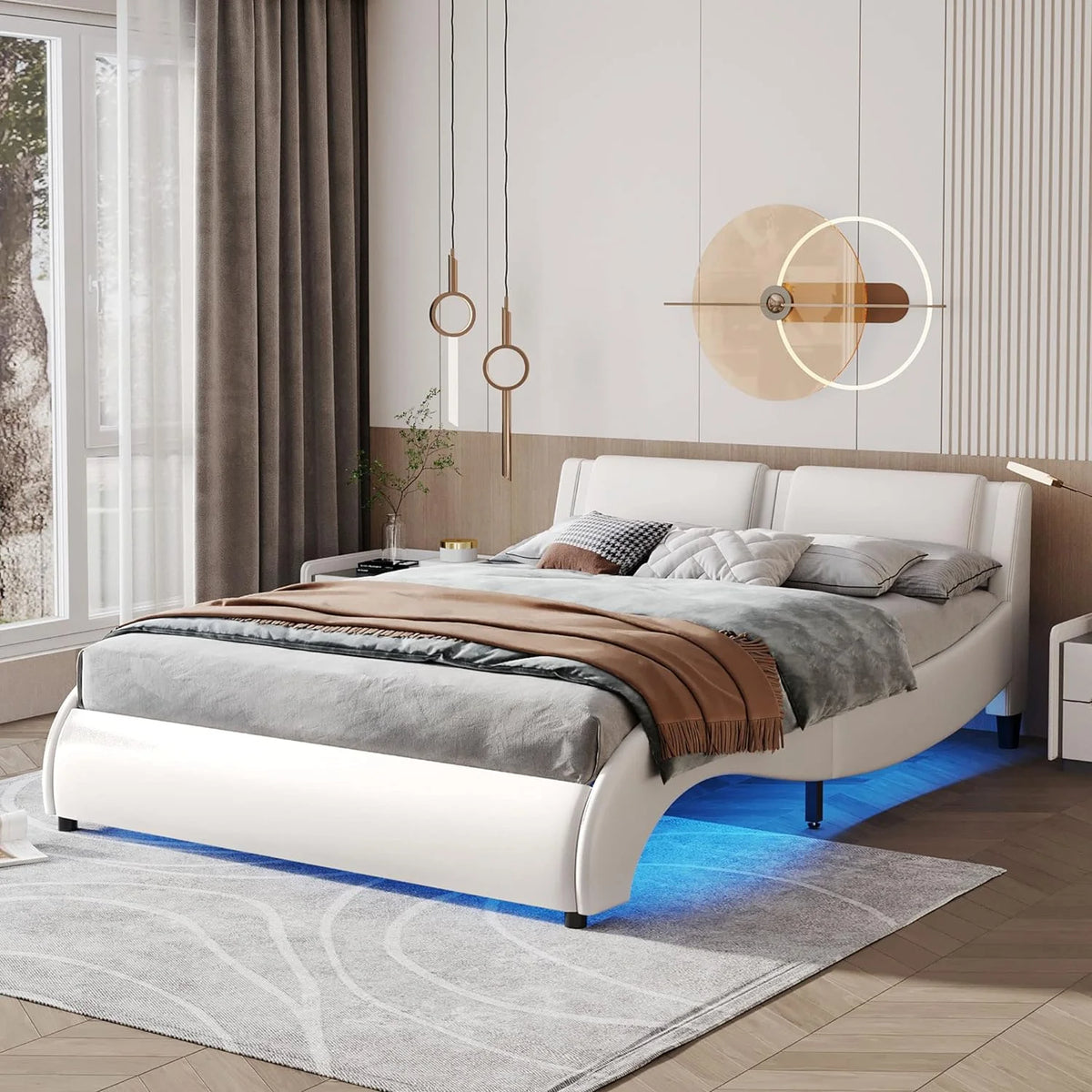 White Upholstered Faux Leather Platform Bed with LED Lights M8846
