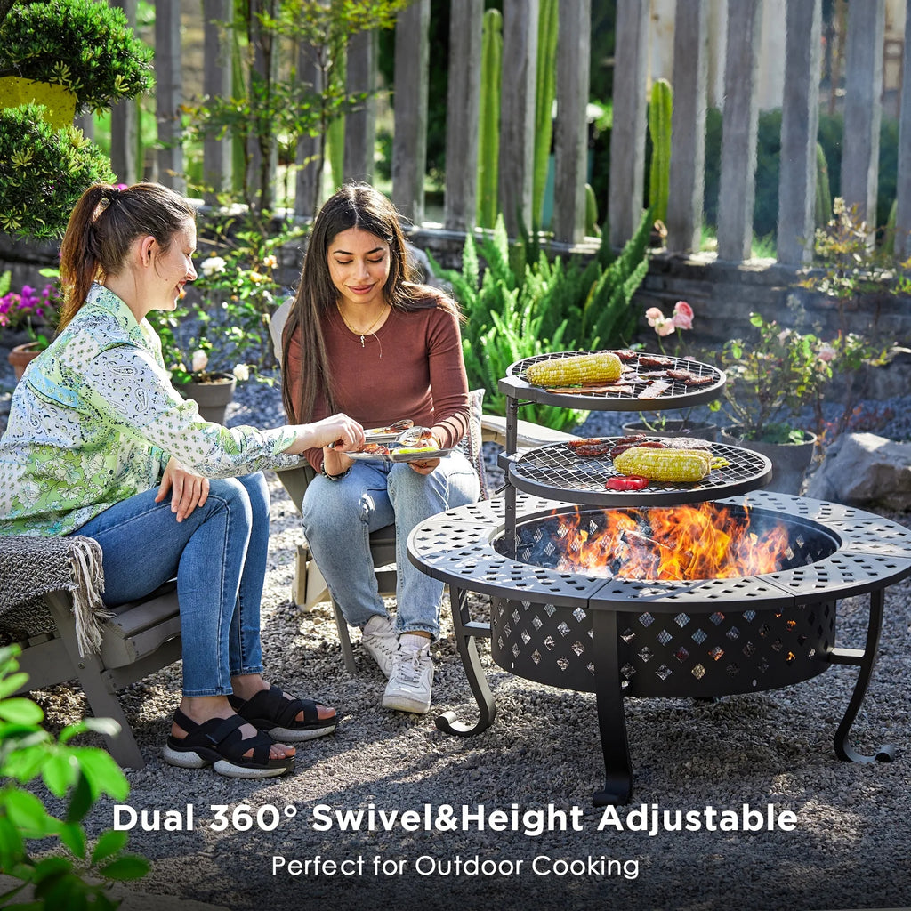 42-inch Metal Fire Pit with 2 Grills and Lid X6005