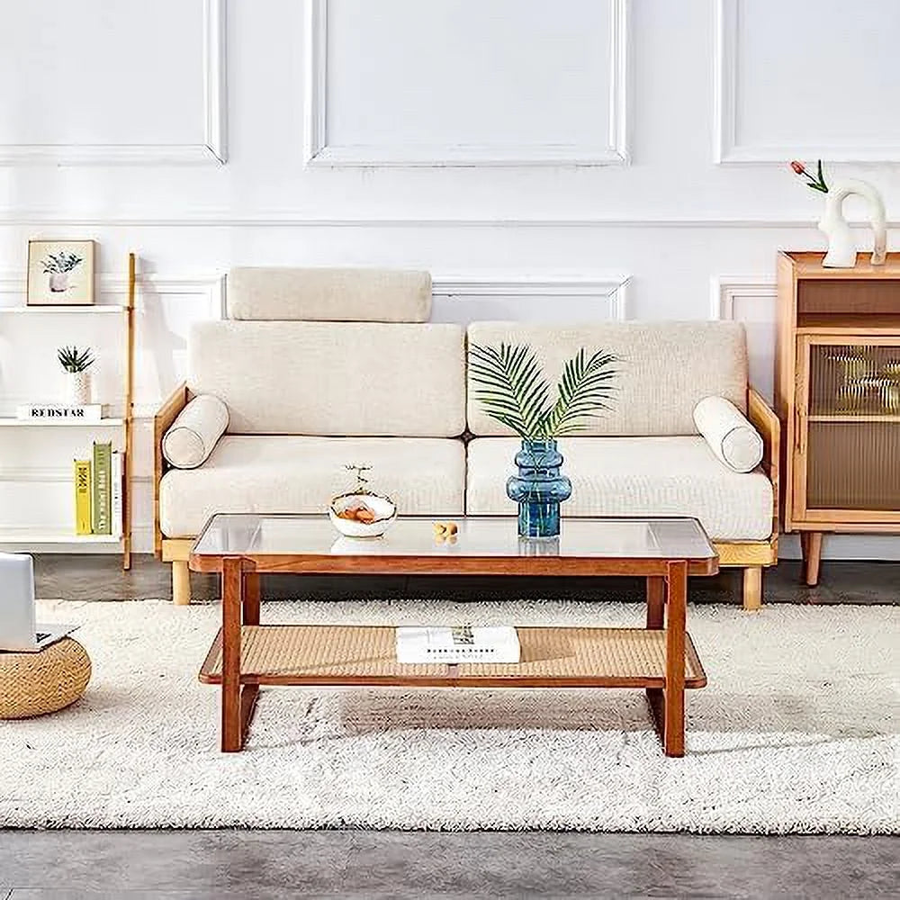 Modern Rattan Woven Glass Desktop Solid Wood Coffee Table S643