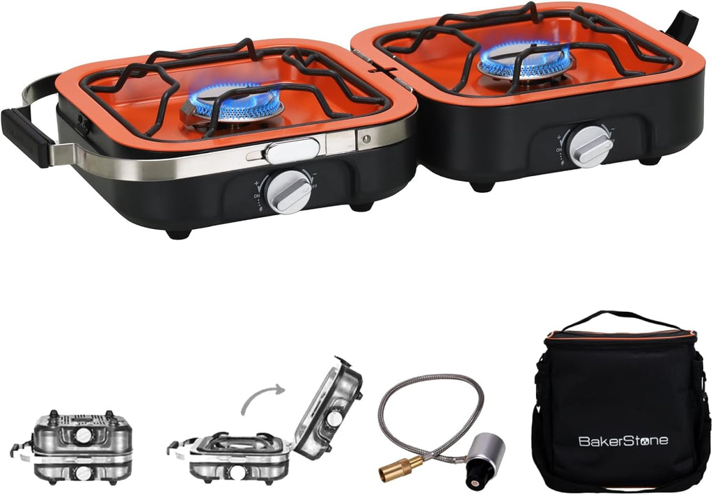 Propane Camping Stove 2 Adjustable Burners with 20,000 BTUs, Portable Folding Camp Stove with Carry Bag R236
