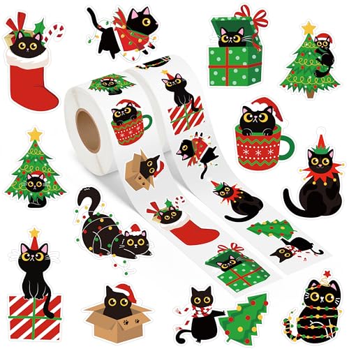Black Cat Sticker 1000Pcs 2 Rolls 16 Patterns Waterproof Self-Adhesive Decals Y224