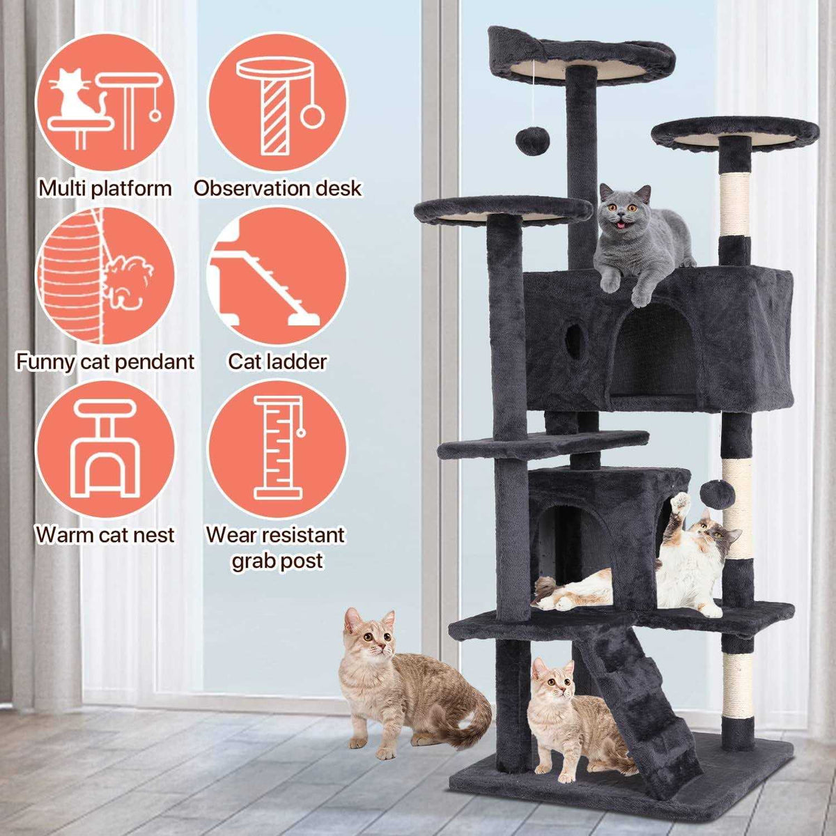 54-in Double Condo Cat Tree Tower Playhouse with Scratching Post & Perch G37668