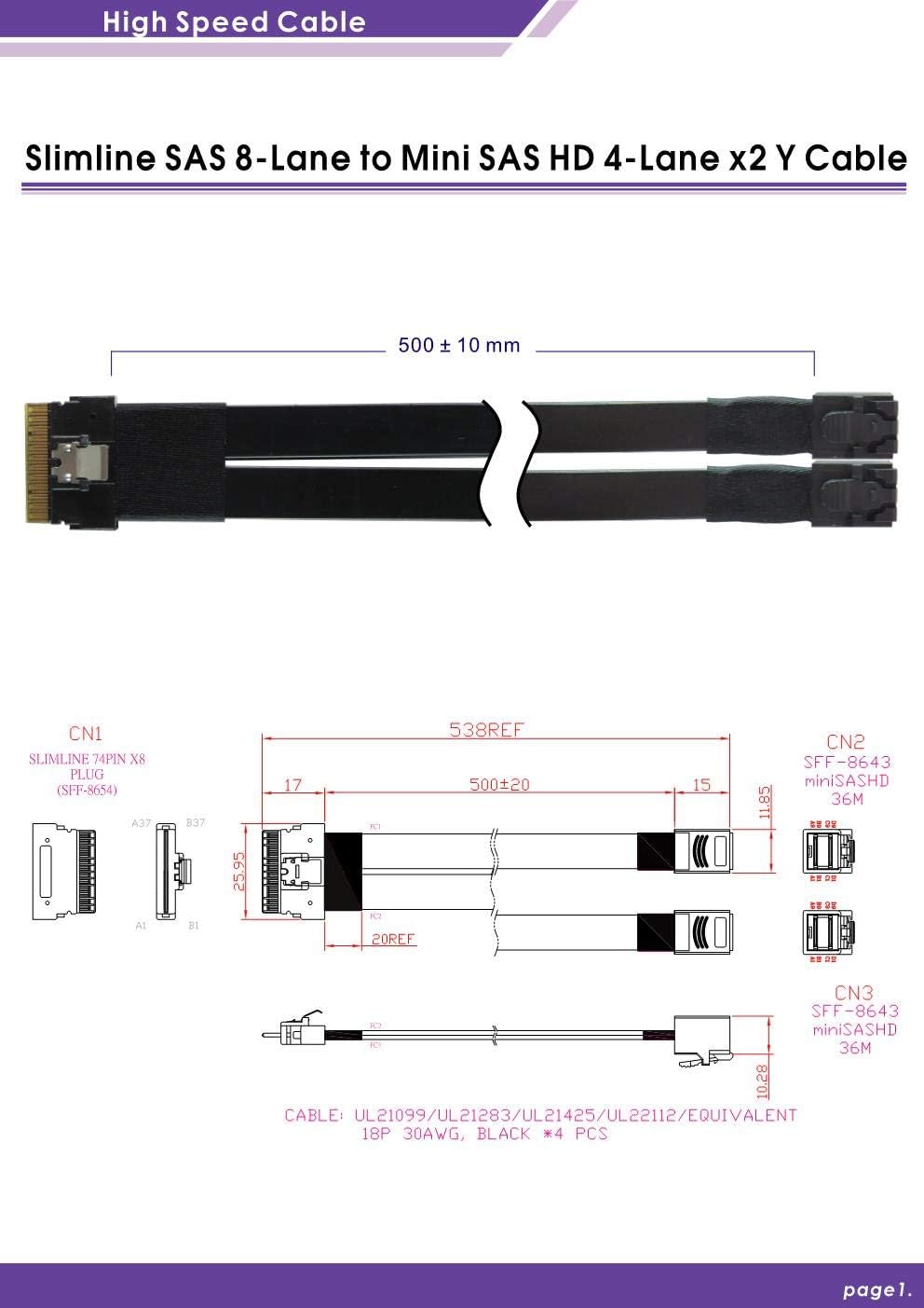 Slimline SAS 8-Lane to Mini SAS HD 4-Lane x2 Y Cable E578461