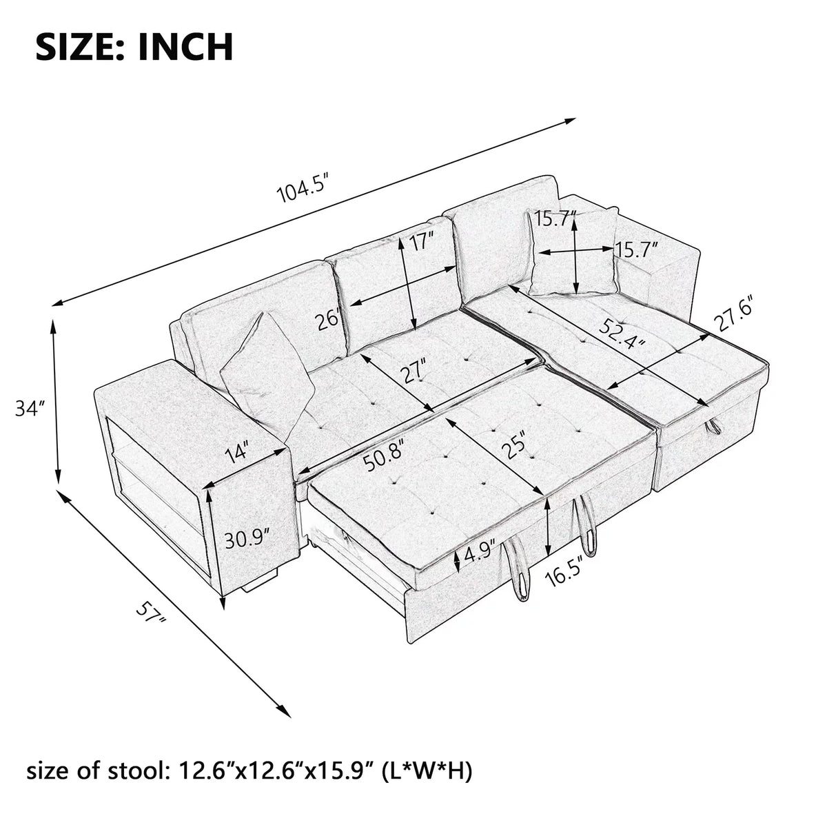 104" Reversible Sectional Couch with Pull Out Bed, L Shape Sleeper Sofa with Storage Chaise and 2 Stools H802746