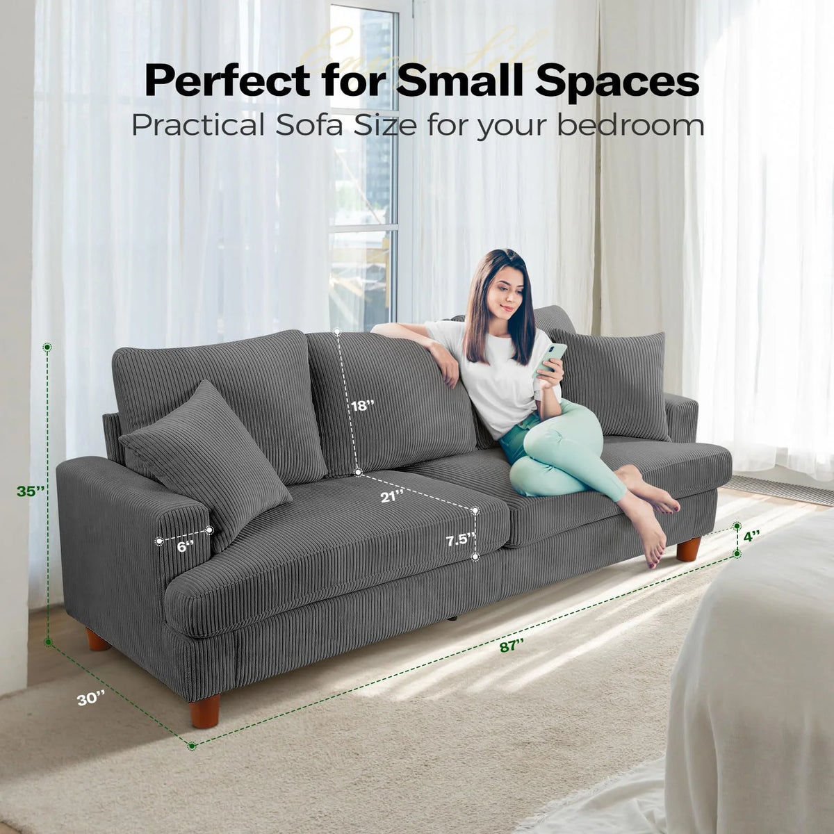 Gray Corduroy 3 Seater Sofa with 2 Pillows W809983
