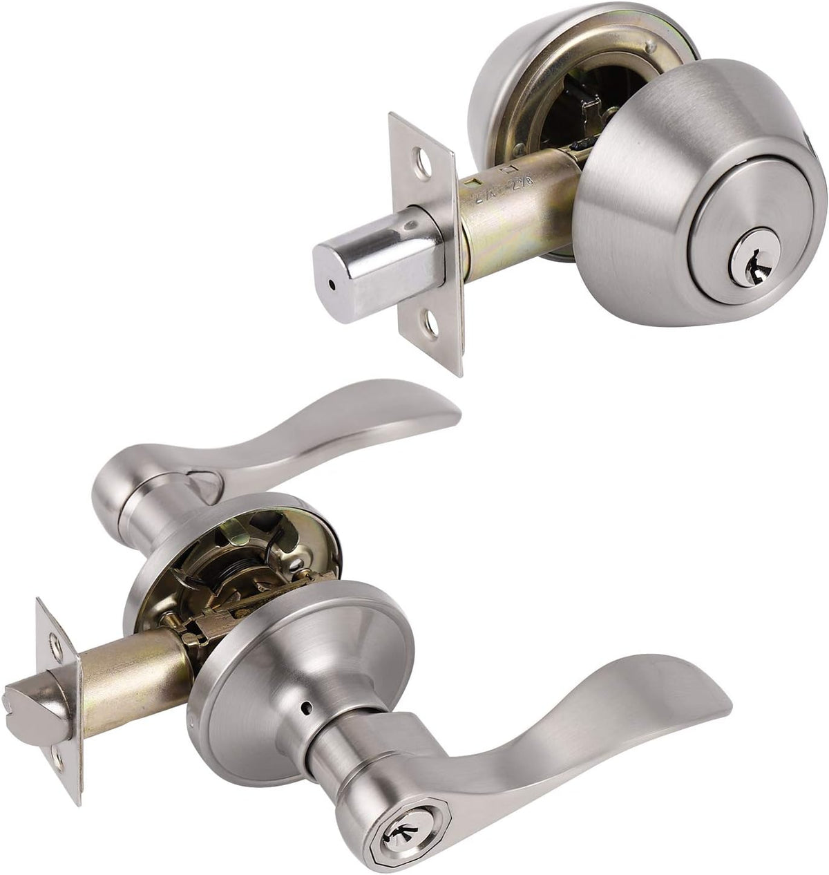 Satin Nickel Entry Lever and Single Cylinder Deadbolt Combo Pack, Keyed Alike Handleset V243744