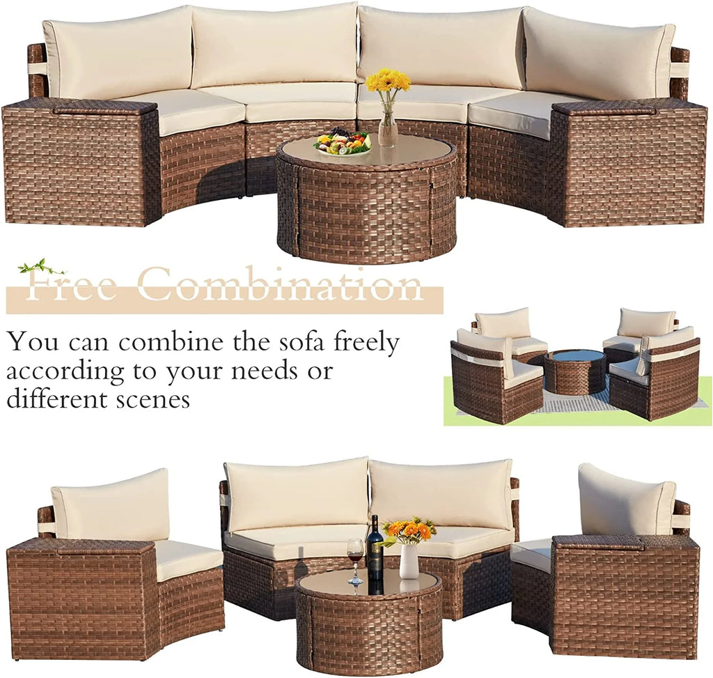 7 Piece Outdoor Patio Sectional Sofa Set with Storage Armrest R6798