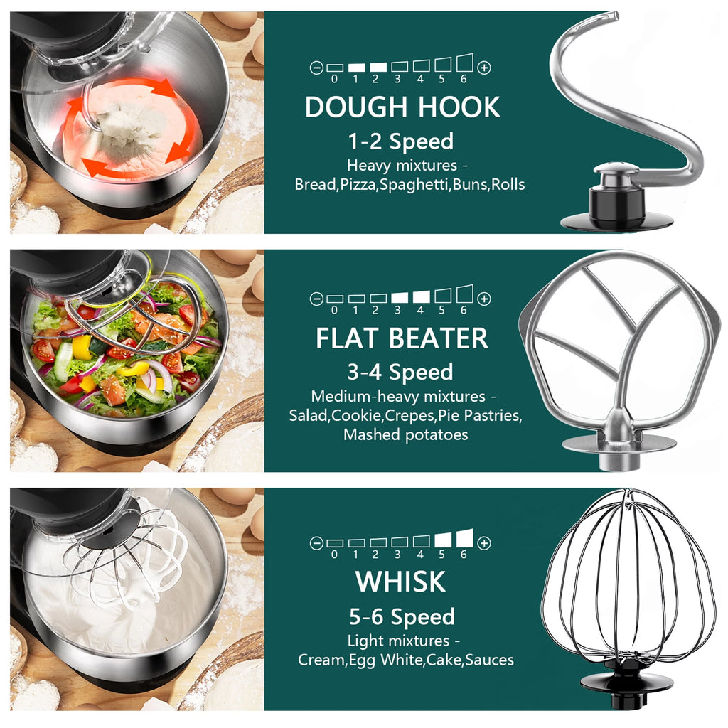 Electric Stand Mixer 400W 6-Speed 6.5QT Stainless Steel Bowl Black L827