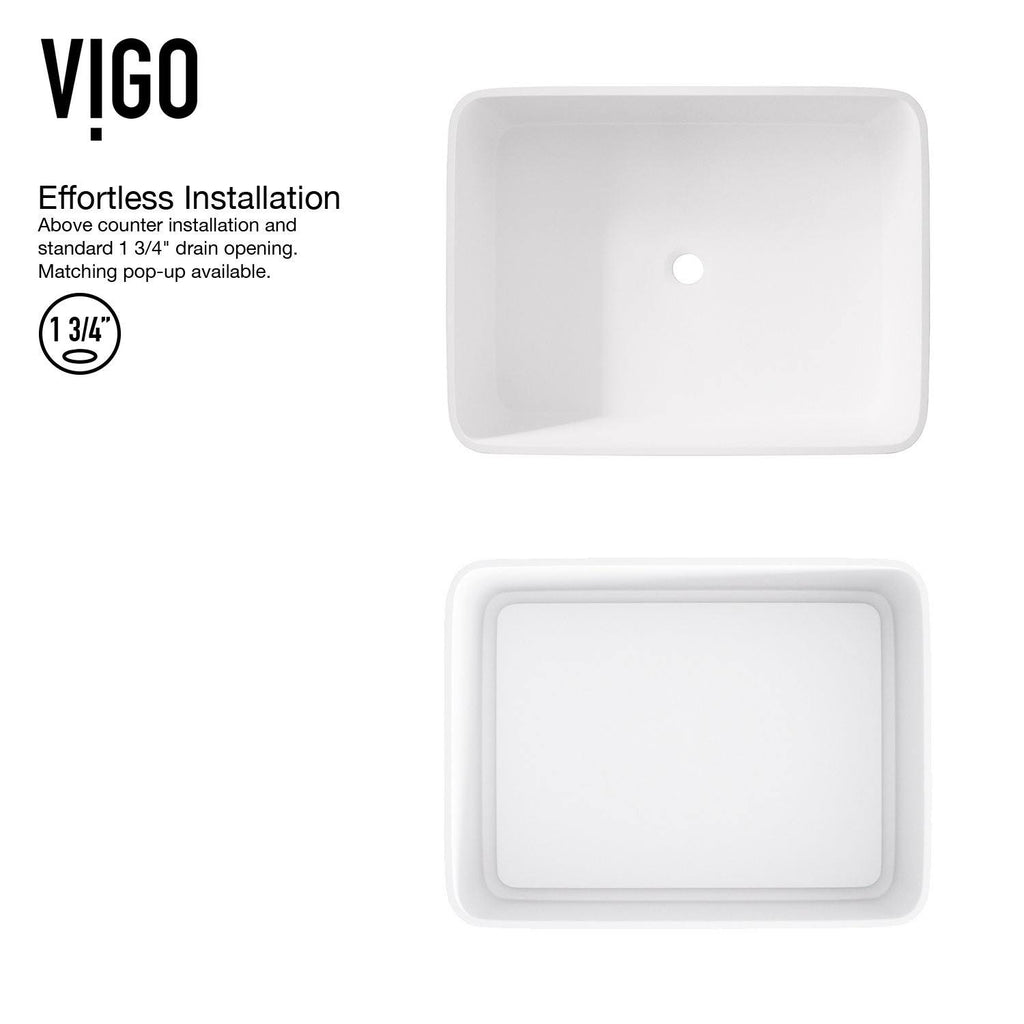White Rectangular Vessel Bathroom Sink with Chrome Faucet and Pop-Up Drain C2620
