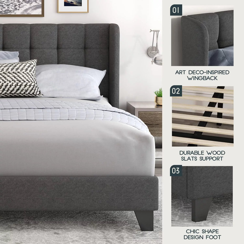 Queen Platform Bed Frame with Upholstered Wingback Linen Fabric Headboard I87493