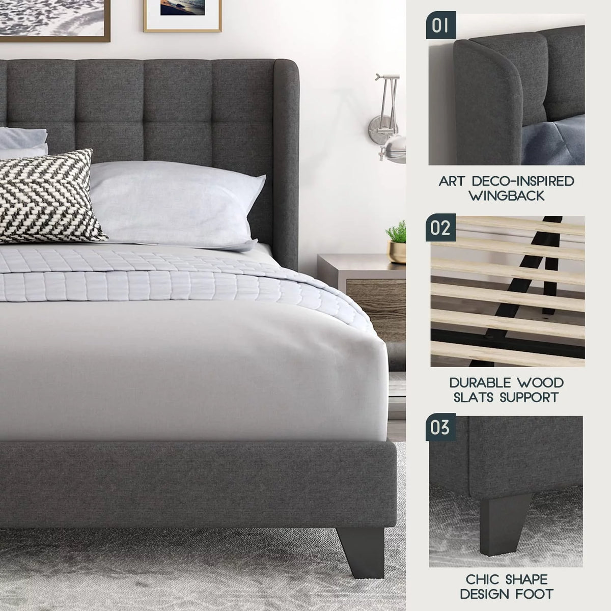 Queen Platform Bed Frame with Upholstered Wingback Linen Fabric Headboard I87493