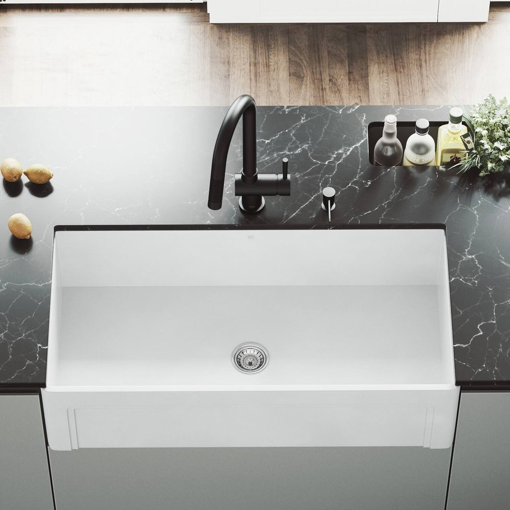 36 in. Matte Stone Farmhouse Kitchen Sink Set with Matte Black Faucet X830716