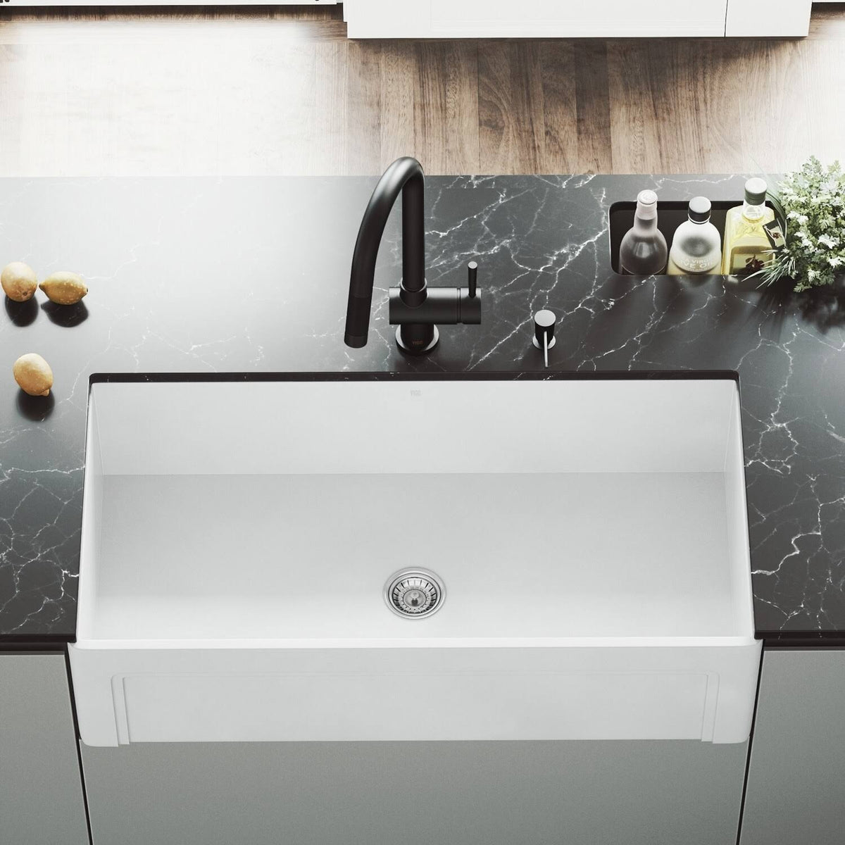 36 in. Matte Stone Farmhouse Kitchen Sink Set with Matte Black Faucet X830716