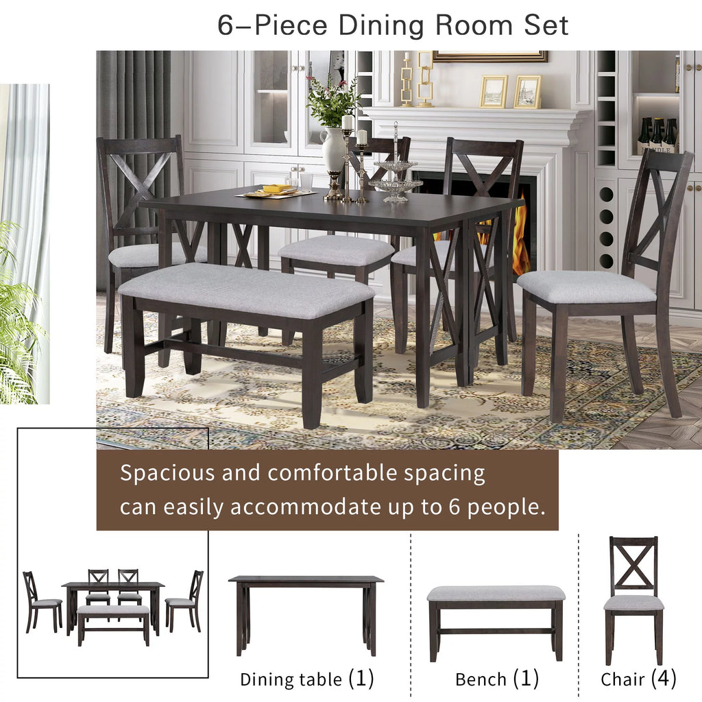 6 Pieces Wood Dining Table Set with Bench and 4 Cushioned Chairs D1648