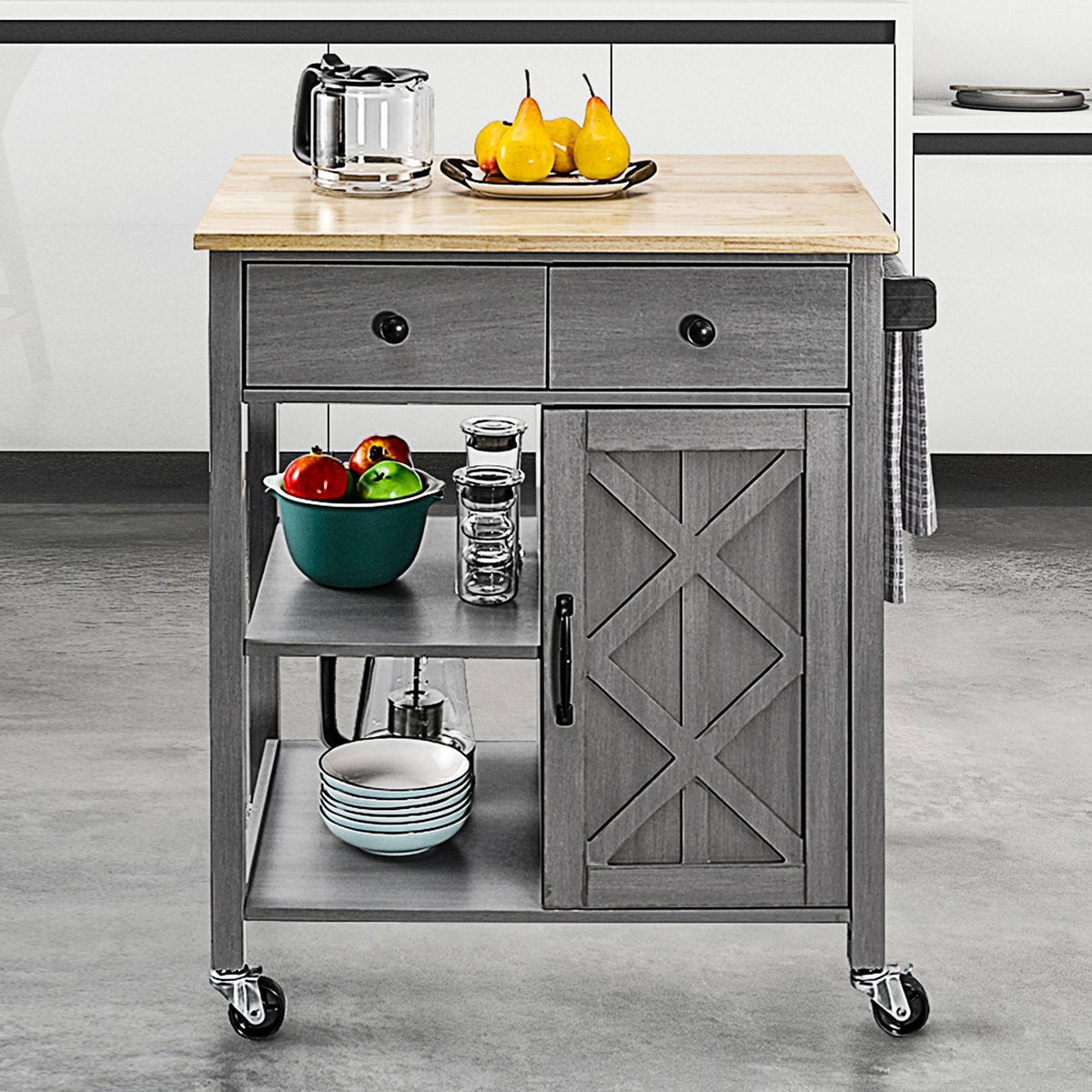 Gray Kitchen Cart with Wood Top B7097